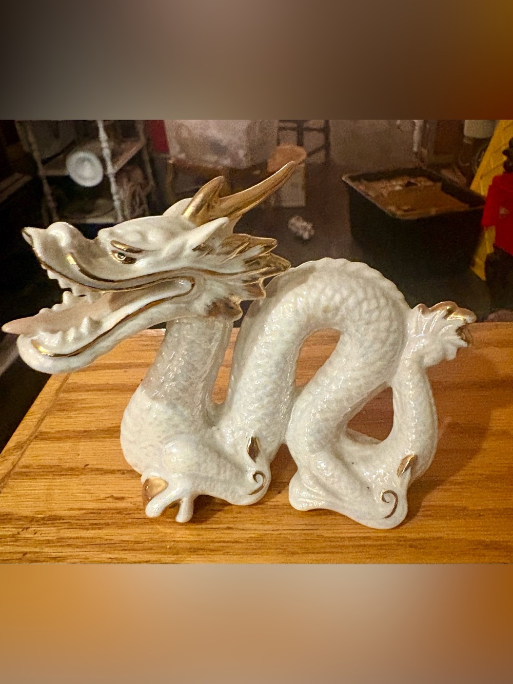 White& Gold Ceramic Dragon Figurine with Gold Accent